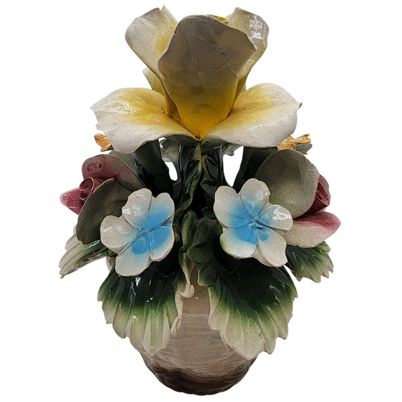 Vintage Nuova Capodimonte Large Porcelain Basket of Pink Yellow Flowers Italy - Picture 4 of 8